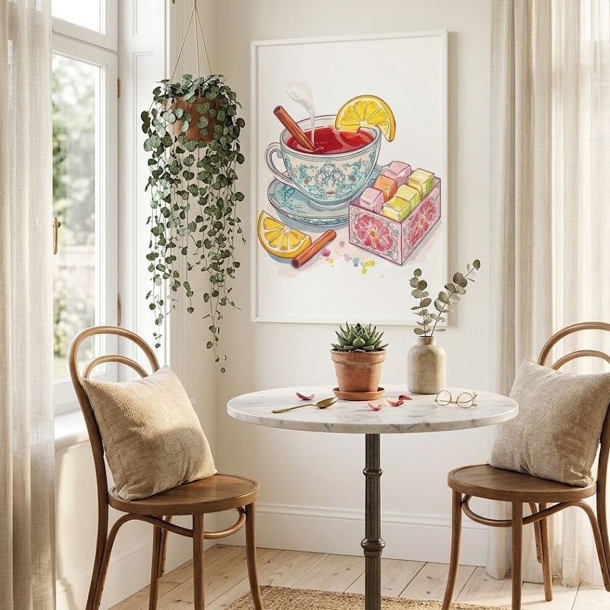 A white-framed art print of a vintage teacup and Turkish delight sweets on a bright white wall in a sunlit breakfast nook with a marble bistro table, bentwood chairs, and cozy pillows. 