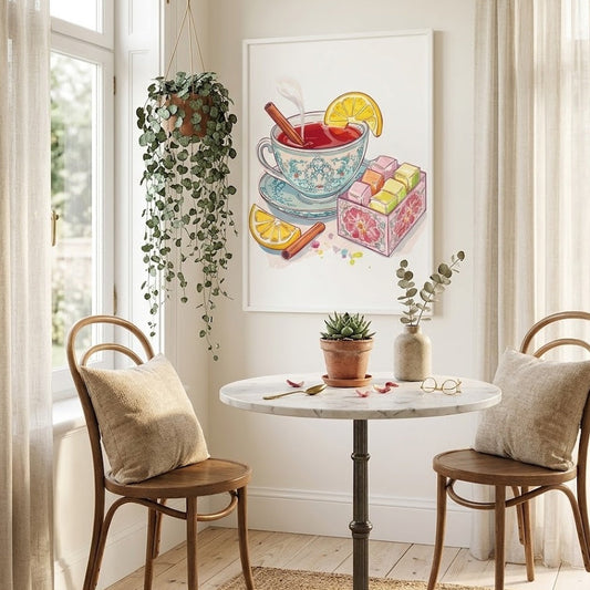 A white-framed art print of a vintage teacup and Turkish delight sweets on a bright white wall in a sunlit breakfast nook with a marble bistro table, bentwood chairs, and cozy pillows. 