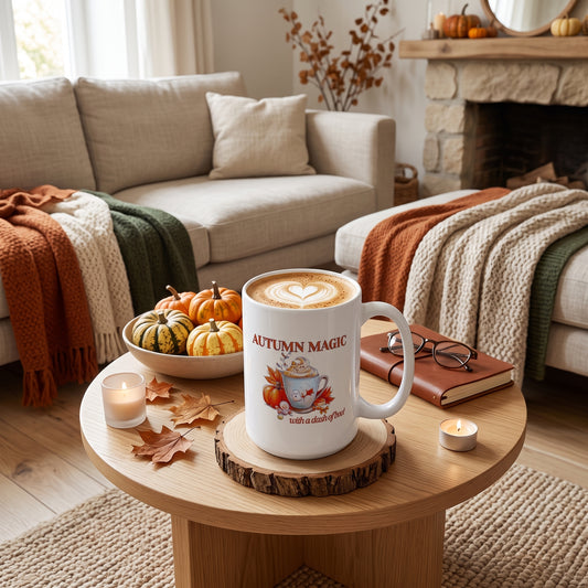 A white ceramic mug with a fall-themed 'Autumn Magic' graphic sits on a round wooden coffee table in a cozy living room setting. The mug is filled with latte art and surrounded by seasonal props including small pumpkins, a candle, a book, and a cozy sofa in the background.