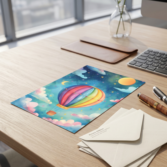 A colorful art print of a rainbow hot air balloon under a starry night sky, displayed on a light wood desk next to a keyboard, pens, and envelopes.