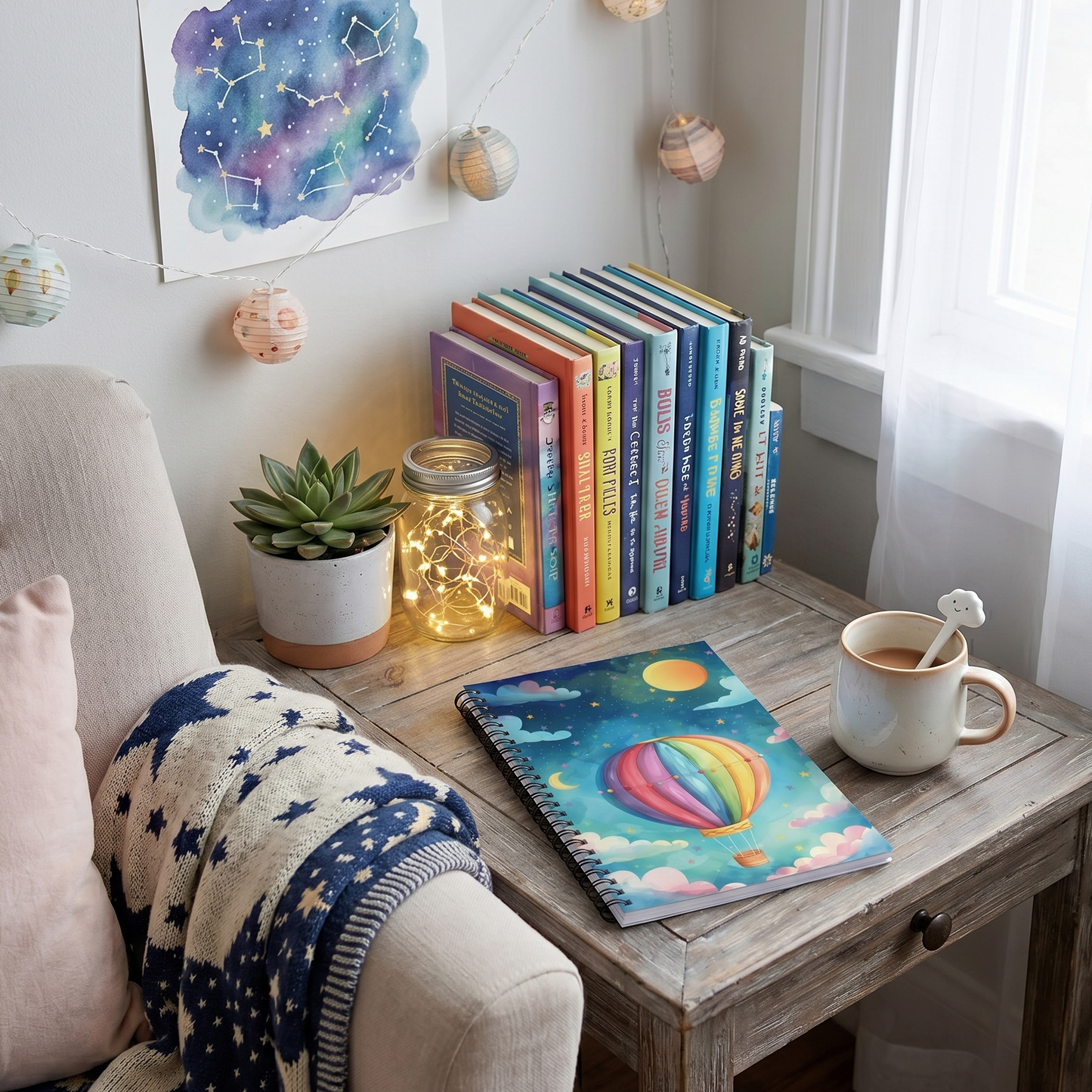 Cozy reading corner with books, a spiral notebook with an air balloon design by Sweet and Savage, mug, and decor items on a wooden table.