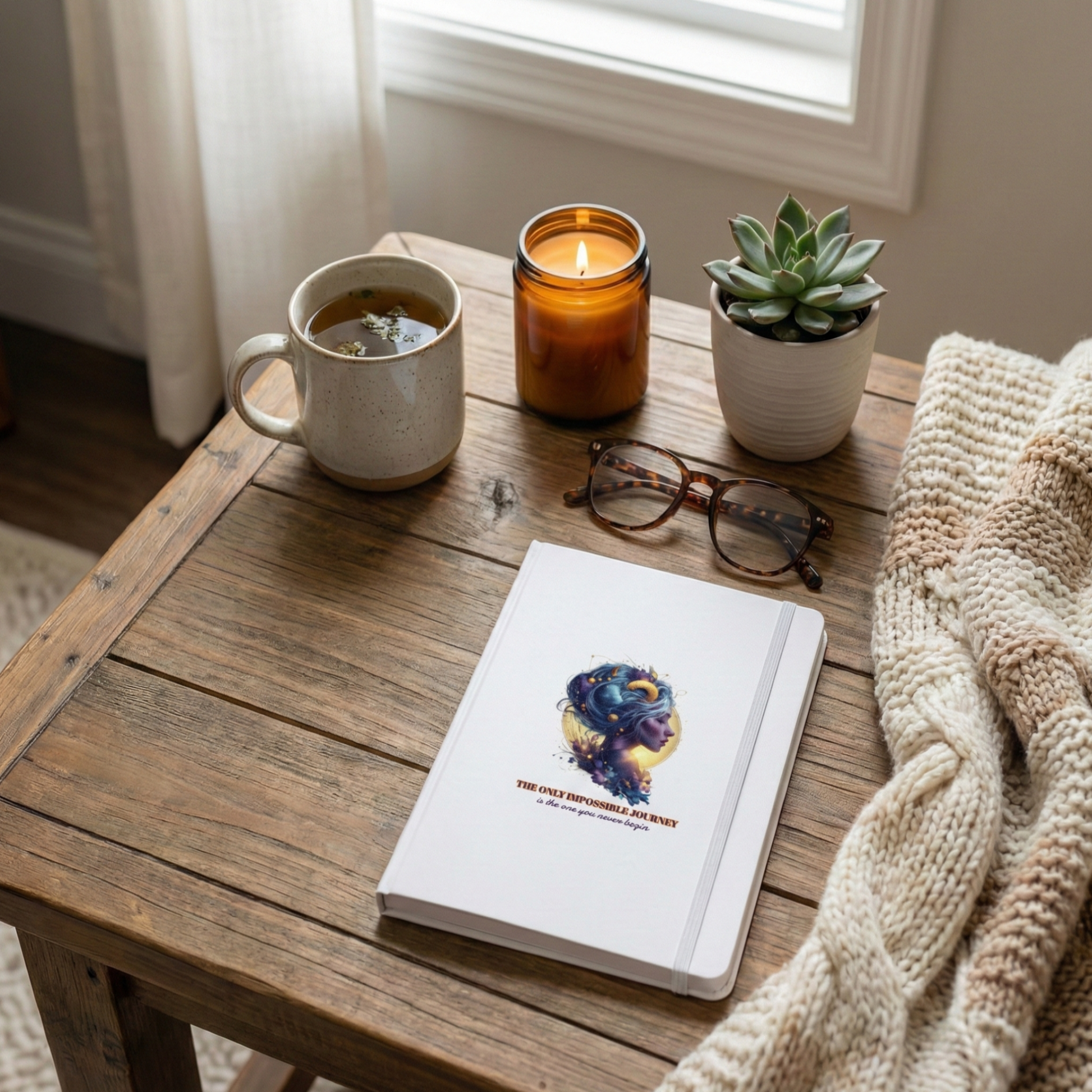 White Virgo zodiac journal with a celestial woman and quote on a cozy wooden table with a candle, tea, and glasses.