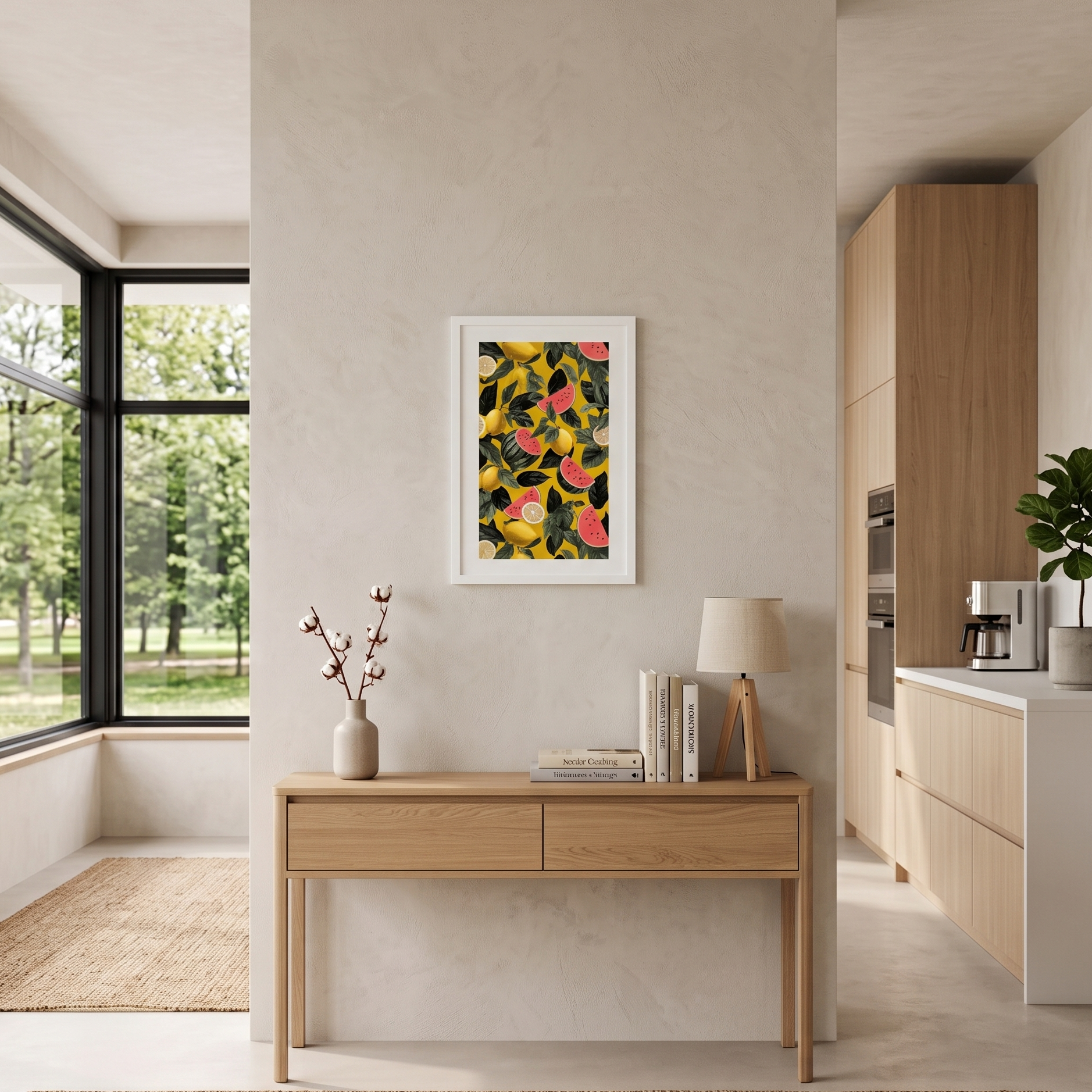 Modern kitchen with wooden desk, colorful artwork depicting watermelons and lemons by Sweet and Savage.