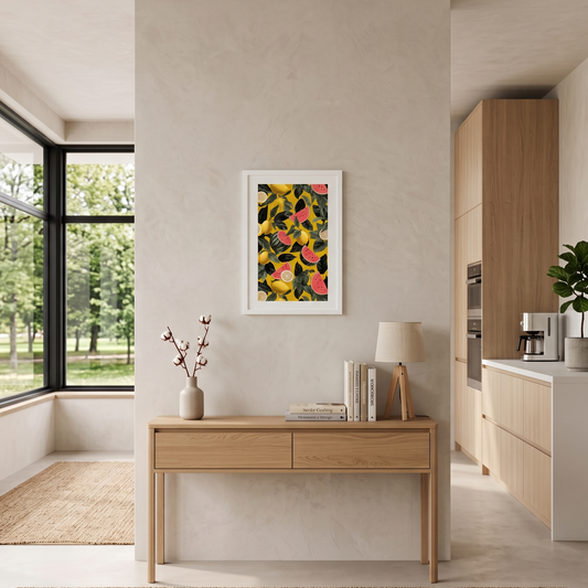 Modern kitchen with wooden desk, colorful artwork depicting watermelons and lemons by Sweet and Savage.