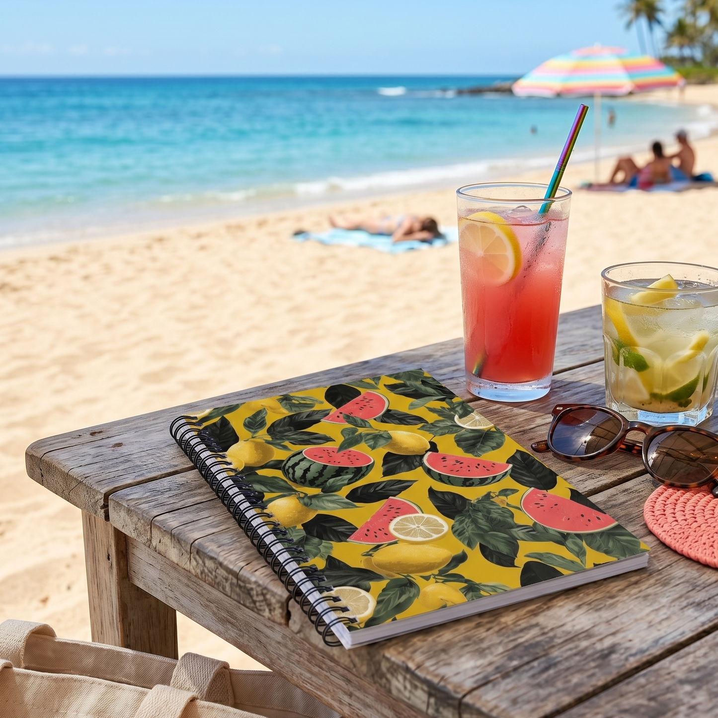 A5 spiral dotted notebook showcasing a bright, vibrant pattern of sliced watermelons and fresh yellow lemons on a silky soft-touch cover.
