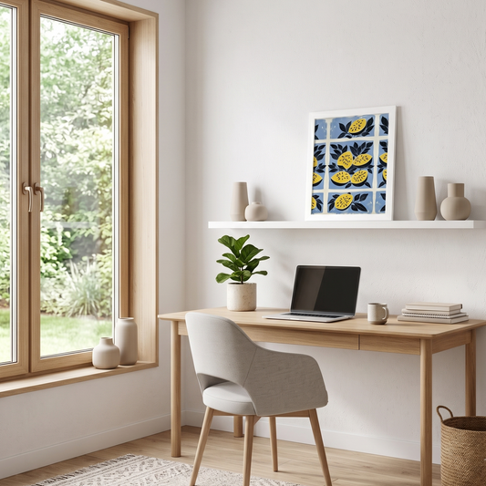 Modern home office with a desk, chair, and a framed poster of yellow watermelons by Sweet & Savage. 