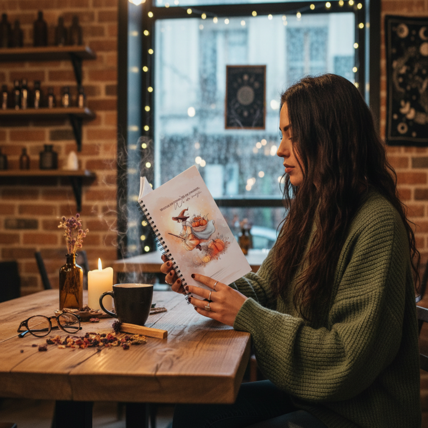 Lifestyle mockup of a woman in a green sweater sitting in a cozy, rustic cafe with a steaming coffee and candle. She is holding the Sweet & Savage spiral notebook featuring a whimsical autumn witch illustration with pumpkins, showcasing it as an aesthetic creative companion for journaling.