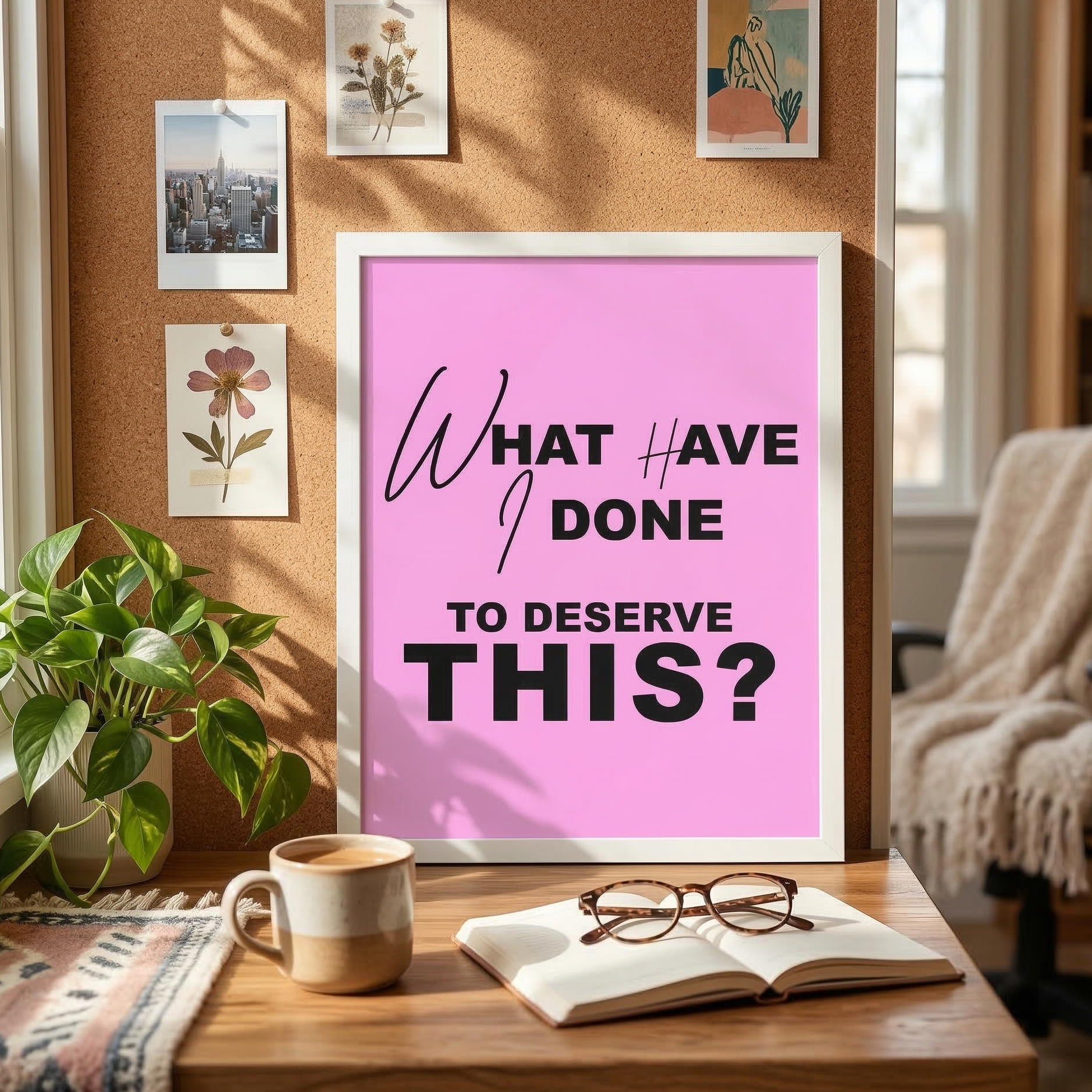 Framed Pink Energy wall art with motivational quote 'What have I done to deserve this?' in a cozy home office setting on a wooden desk with a coffee mug and plants.