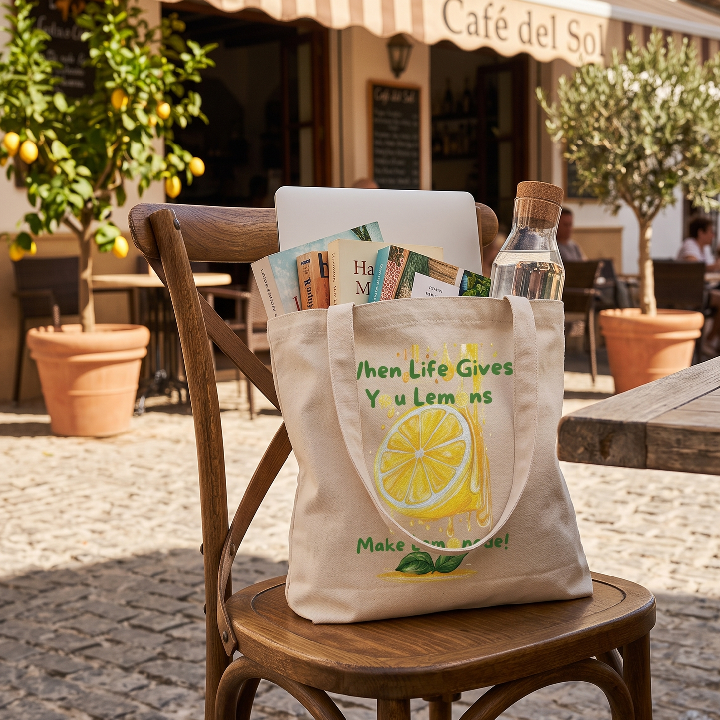A beige canvas tote bag with a lemon graphic and the text 'When Life Gives You Lemons' sits on a wooden chair at an outdoor cafe table, filled with books and a glass bottle.