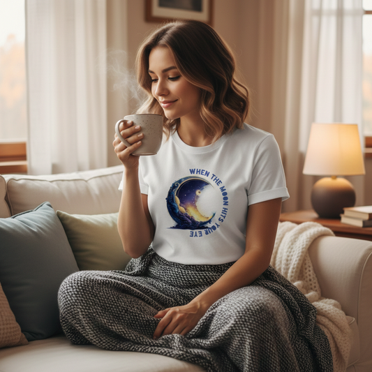 A young woman with wavy hair sits comfortably on a cream-colored sofa in a cozy, sunlit room, holding a steaming mug. She is wearing a white relaxed-fit t-shirt featuring a circular graphic of a crescent moon and clouds with the text "WHEN THE MOON HITS YOUR EYE". The setting is warm and inviting, with soft pillows, a knit blanket, and a glowing lamp in the background.