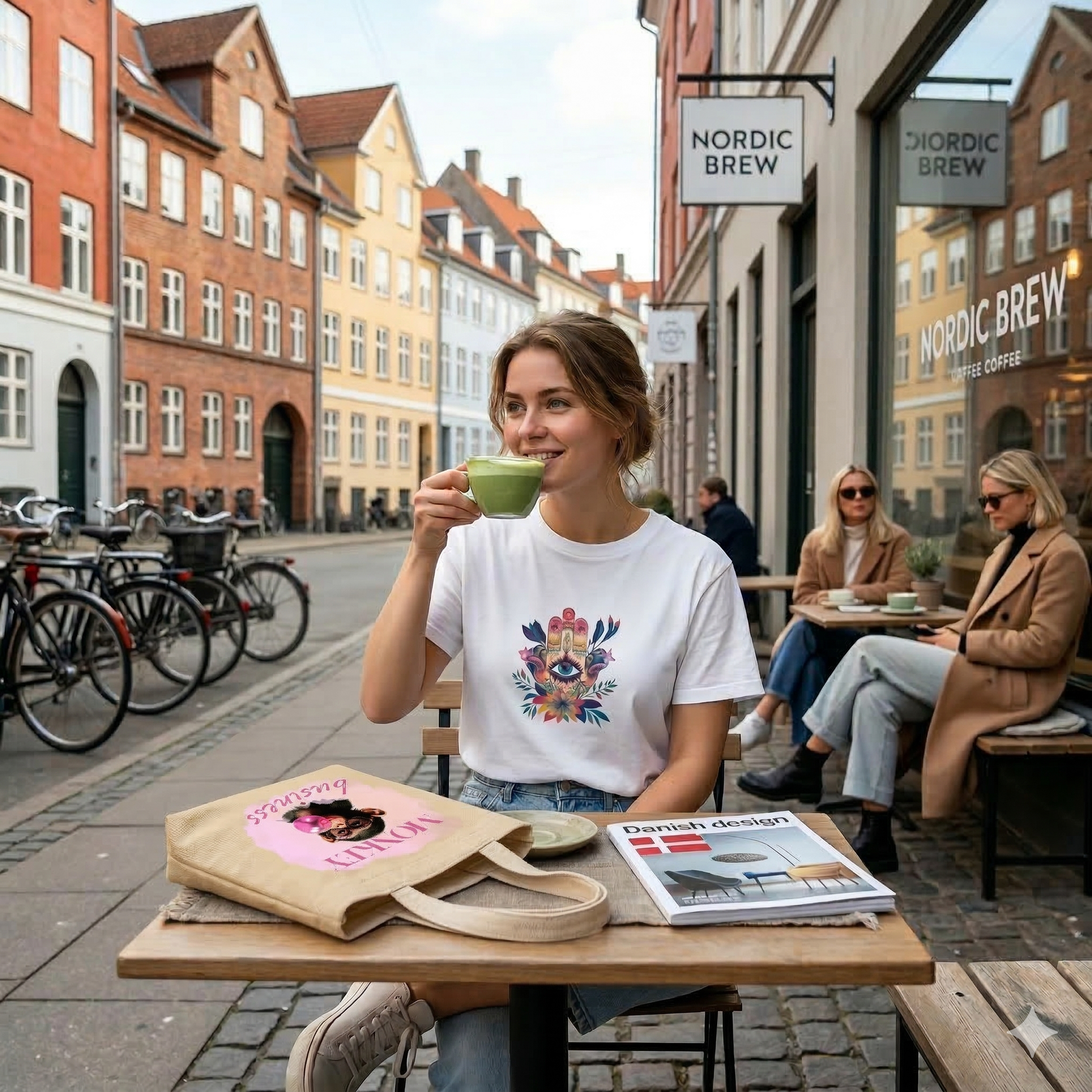 White t-shirt with a colorful Hamsa hand graphic and a beige 'Monkey Business' tote bag on a cafe table, featuring a woman sipping a matcha latte in a Scandinavian city.