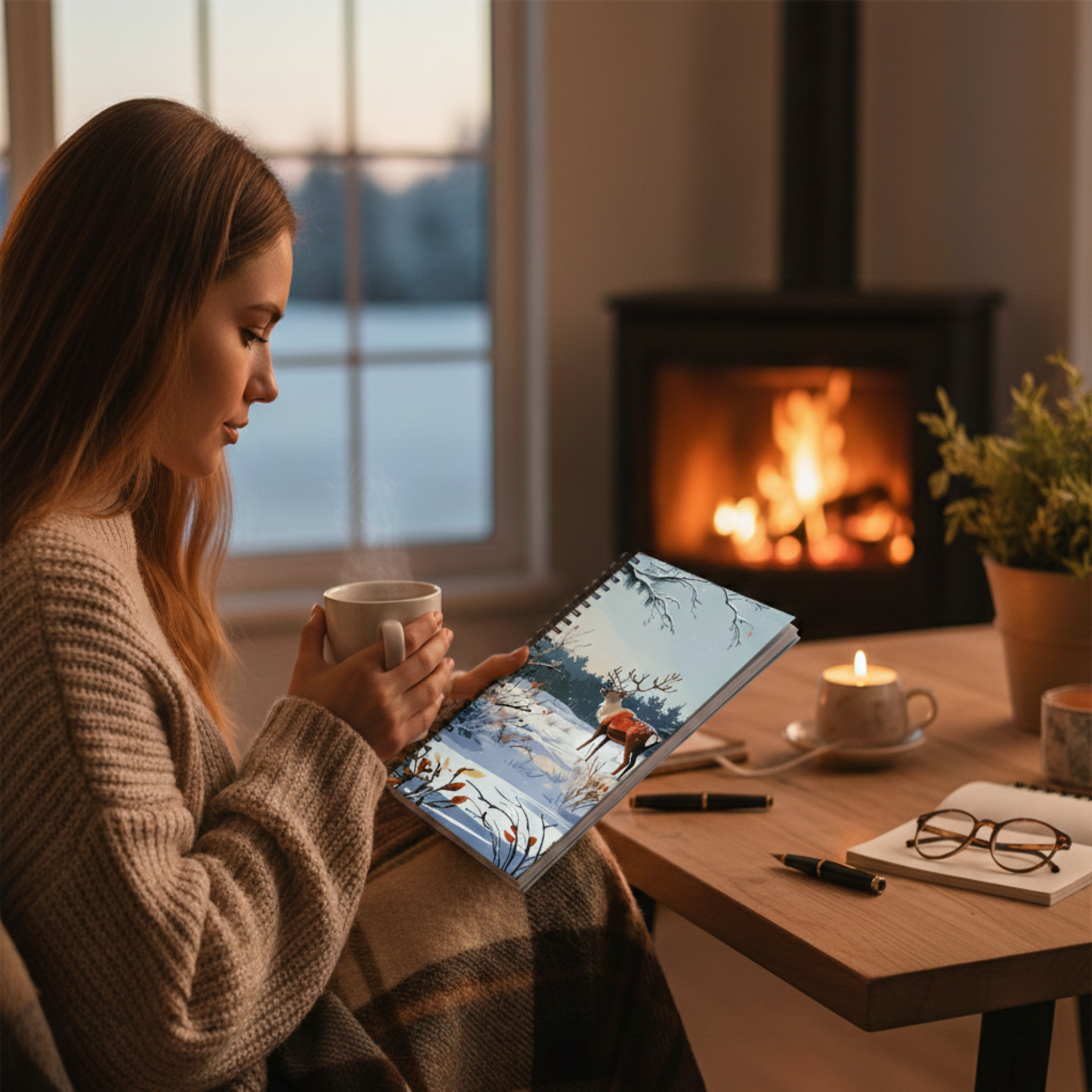 A cozy winter scene featuring the Sweet & Savage spiral notebook with a reindeer and snowy forest illustration. A young woman sits by a warm fireplace with a steaming mug, highlighting the notebook as a perfect companion for mindful journaling during the cold winter months.