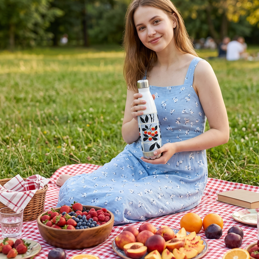 A woman in a light blue dress sits on a red-and-white check picnic blanket in a grassy park, holding a white insulated water bottle with red cherries print by Sweet & Savage. Plates of fruit and berries, a basket, and a book are arranged around her.