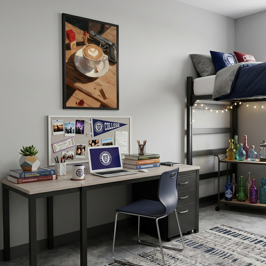 Room interior with a desk, chair, and a framed poster depicting a cup of coffee next to a pistol. 