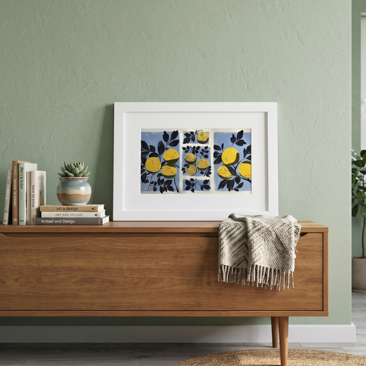 Framed abstract artwork with yellow watermelons on a wooden sideboard against a green wall. 