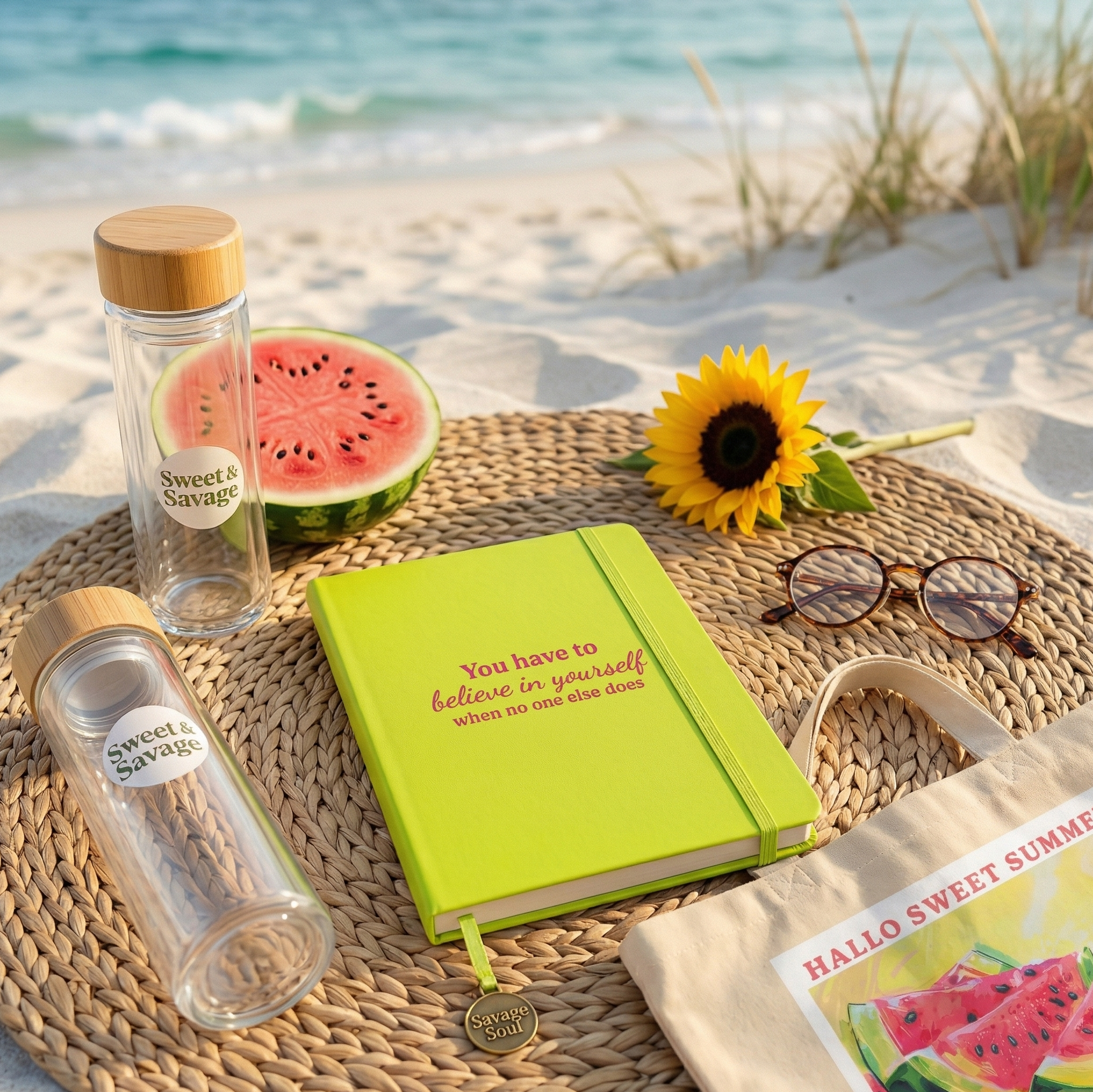 Sommer-lifestyle mockup fra Sweet & Savage på en strand. Sættet inkluderer en limegrøn 'You have to believe in yourself' notesbog, en 'Hallo Sweet Summer' økologisk mulepose med vandmelon-print, to glasvandflasker med logo, en solsikke og en vandmelon på et rundt flettet tæppe i sandet.
