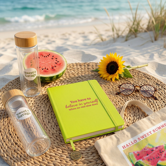 Sommer-lifestyle mockup fra Sweet & Savage på en strand. Sættet inkluderer en limegrøn 'You have to believe in yourself' notesbog, en 'Hallo Sweet Summer' økologisk mulepose med vandmelon-print, to glasvandflasker med logo, en solsikke og en vandmelon på et rundt flettet tæppe i sandet.