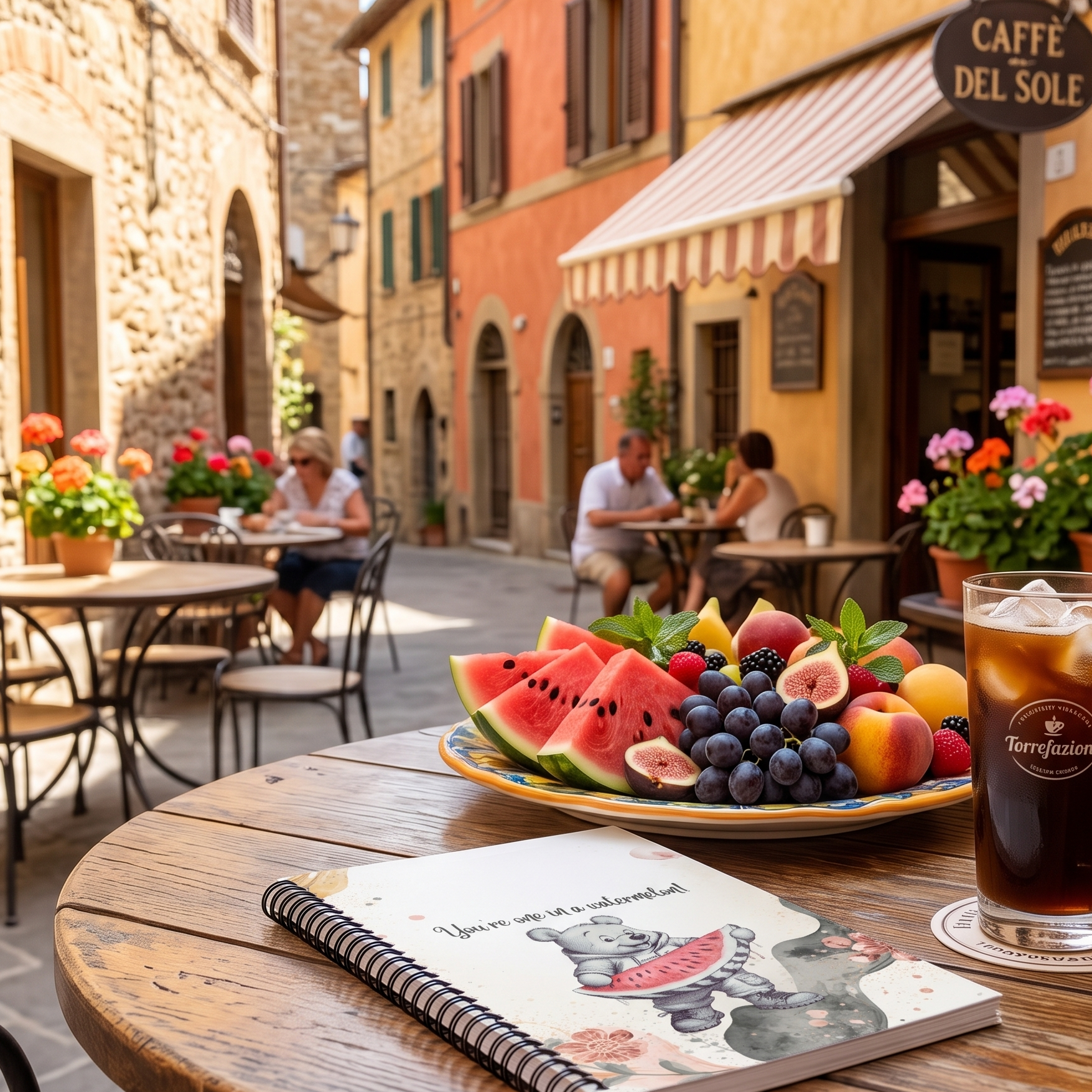 A round wooden table at an outdoor cafe in Italy, featuring a colorful fruit platter, a glass of iced dark coffee with a Terrarium logo, and a spiral notebook featuring a bear holding a big slice of a watermelon and words 'You're One in a Watermelon'. 
