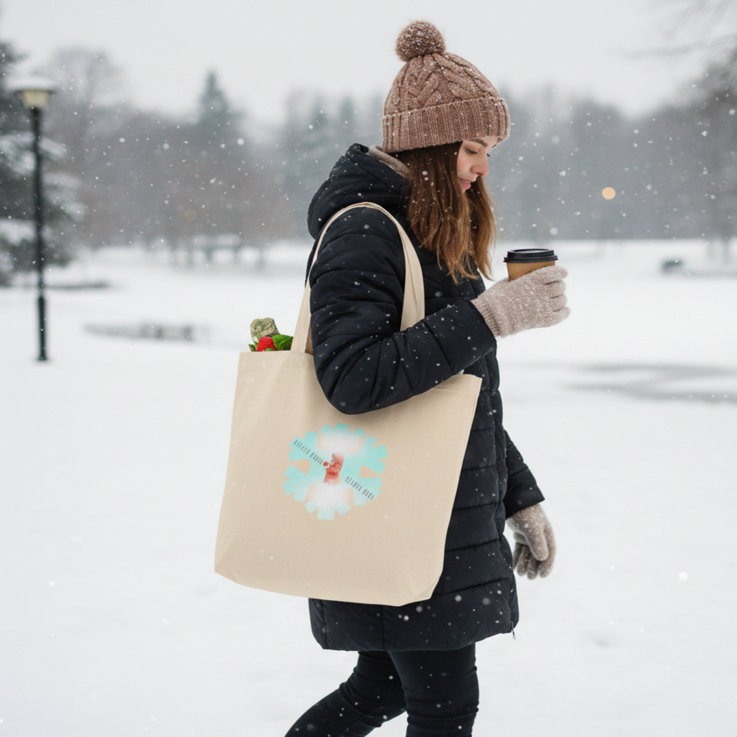 A woman walking in the snow with a tote bag featuring a design of a snowflake by Sweet and Savage. 
