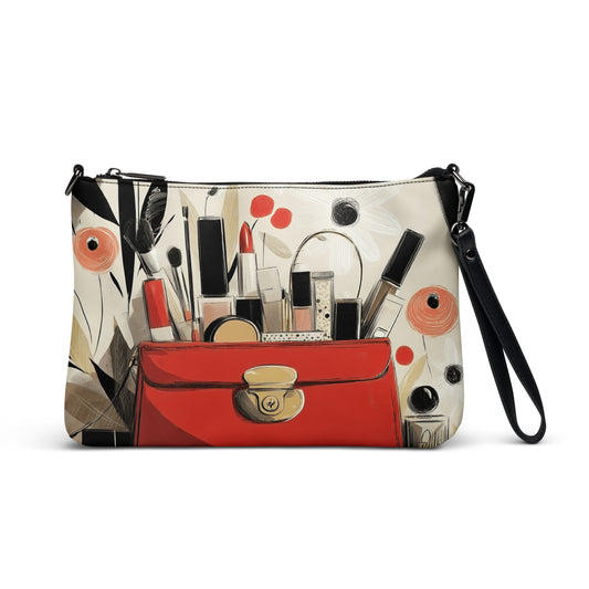 A crossbody bag with a print design that features luxurious makeup items by Sweet and Savage. 
