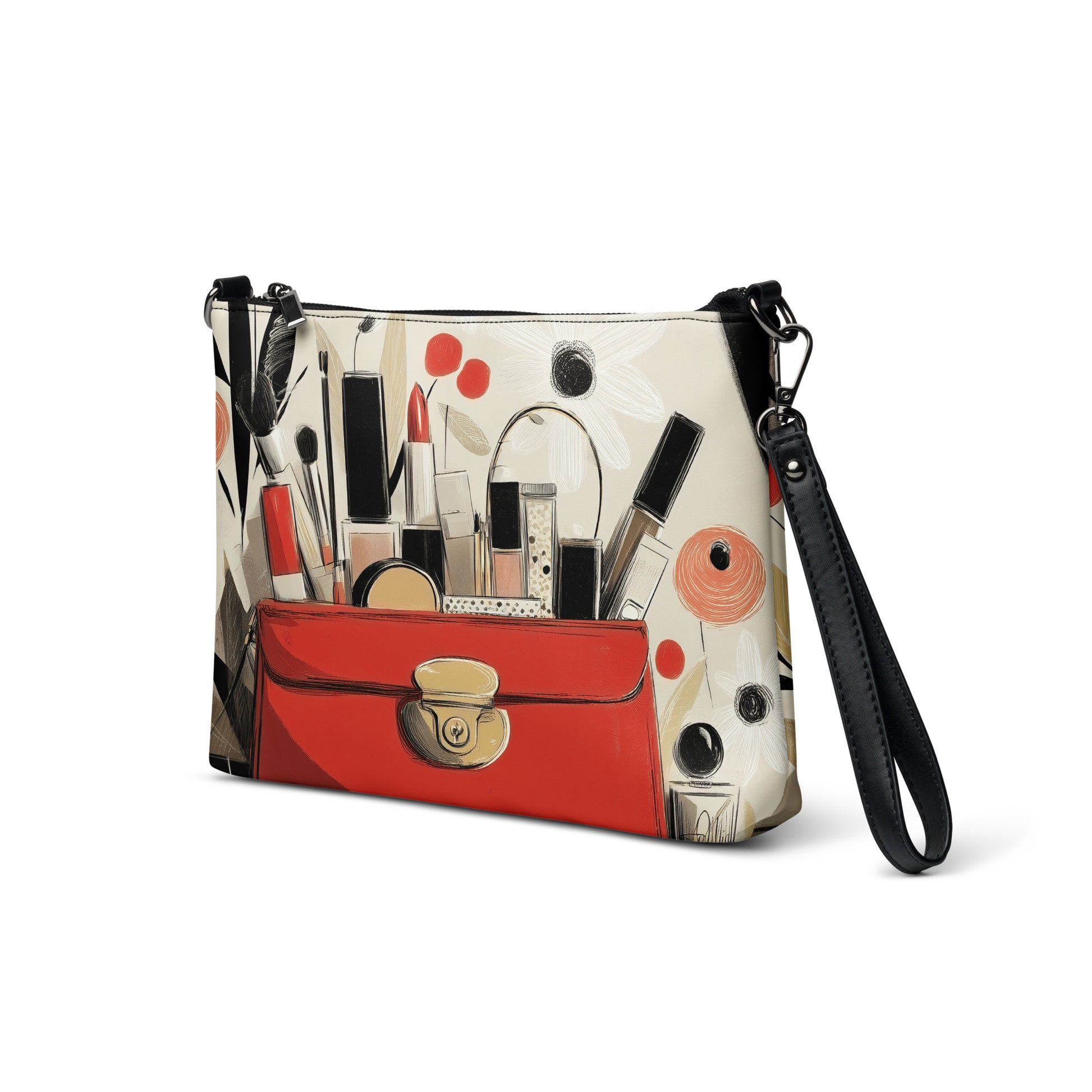 A crossbody bag with a print design that features luxurious makeup items by Sweet and Savage. 