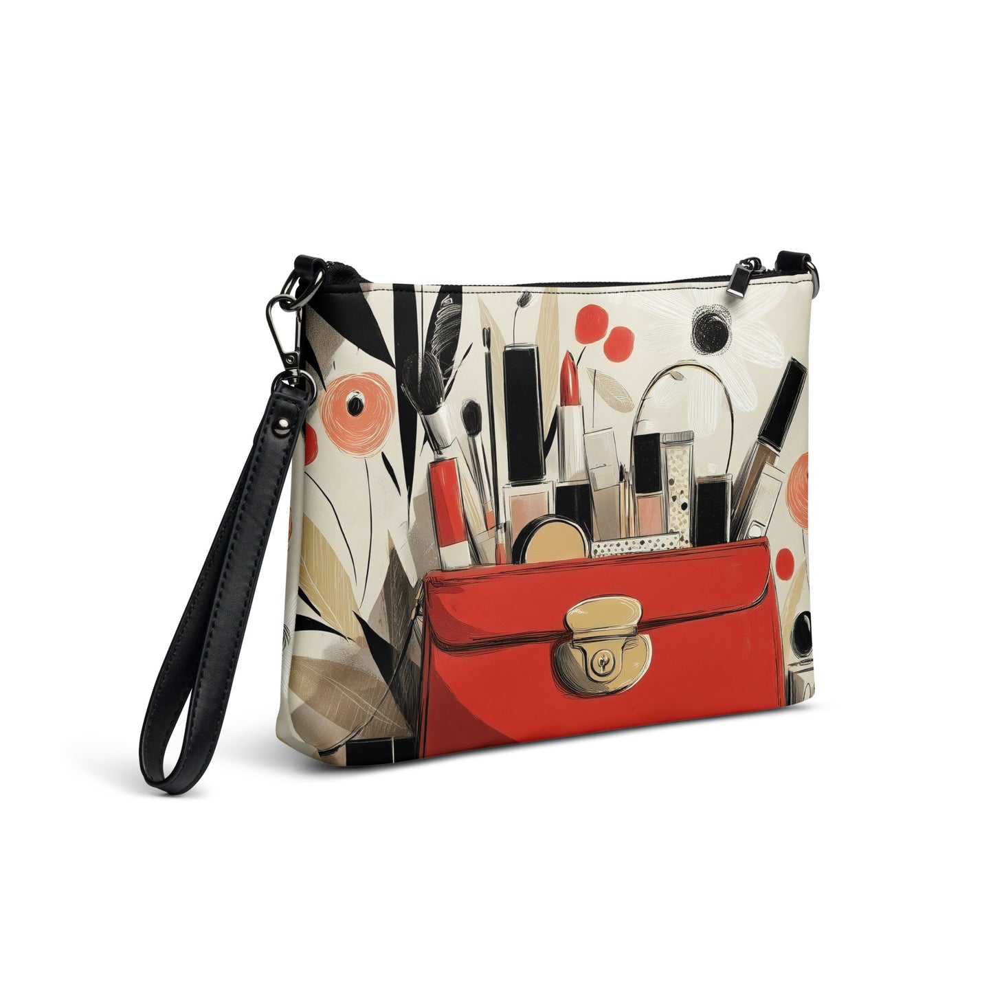 A crossbody bag with a print design that features luxurious makeup items by Sweet and Savage. 