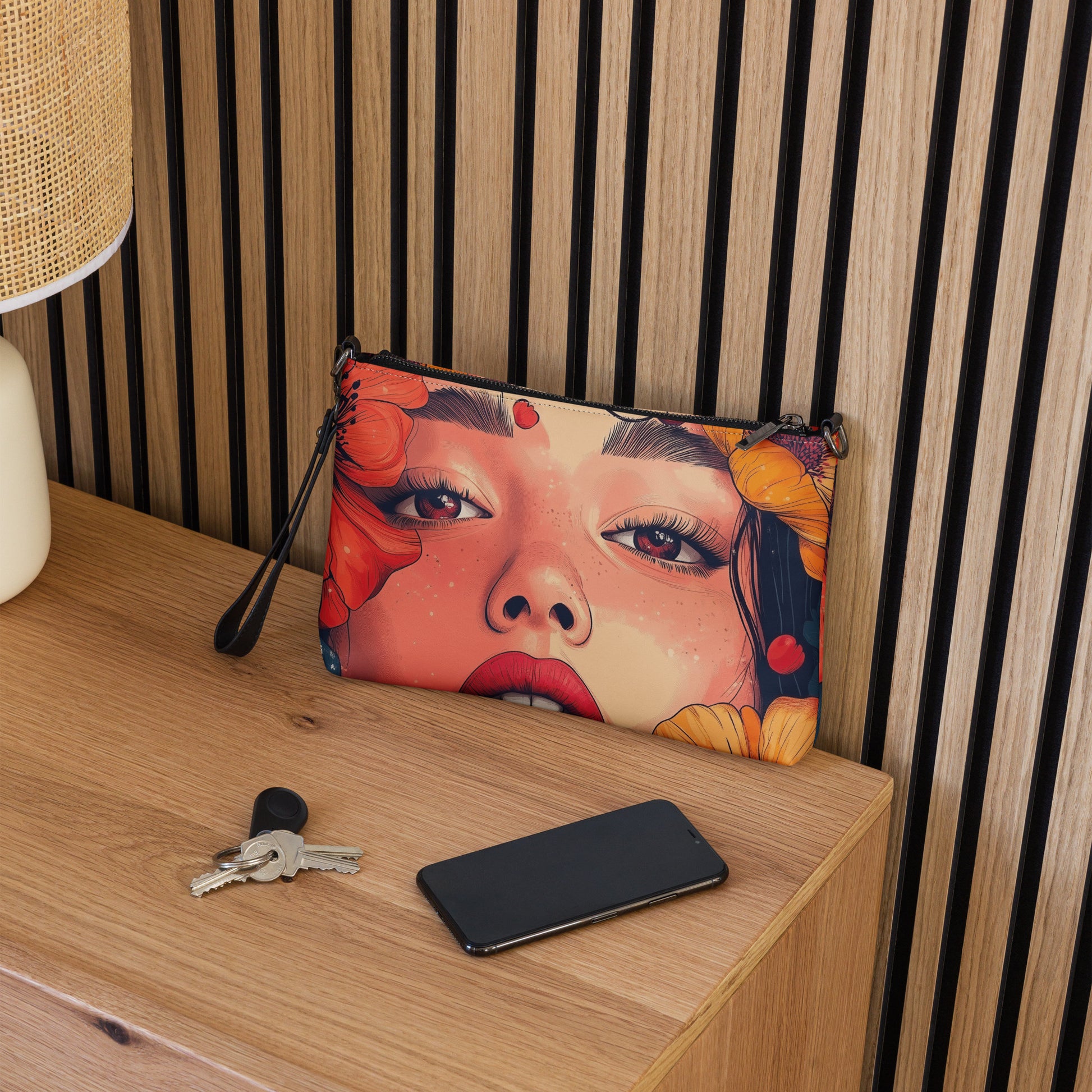 A sleek crossbody bag featuring a vibrant artistic portrait design on a wooden surface.