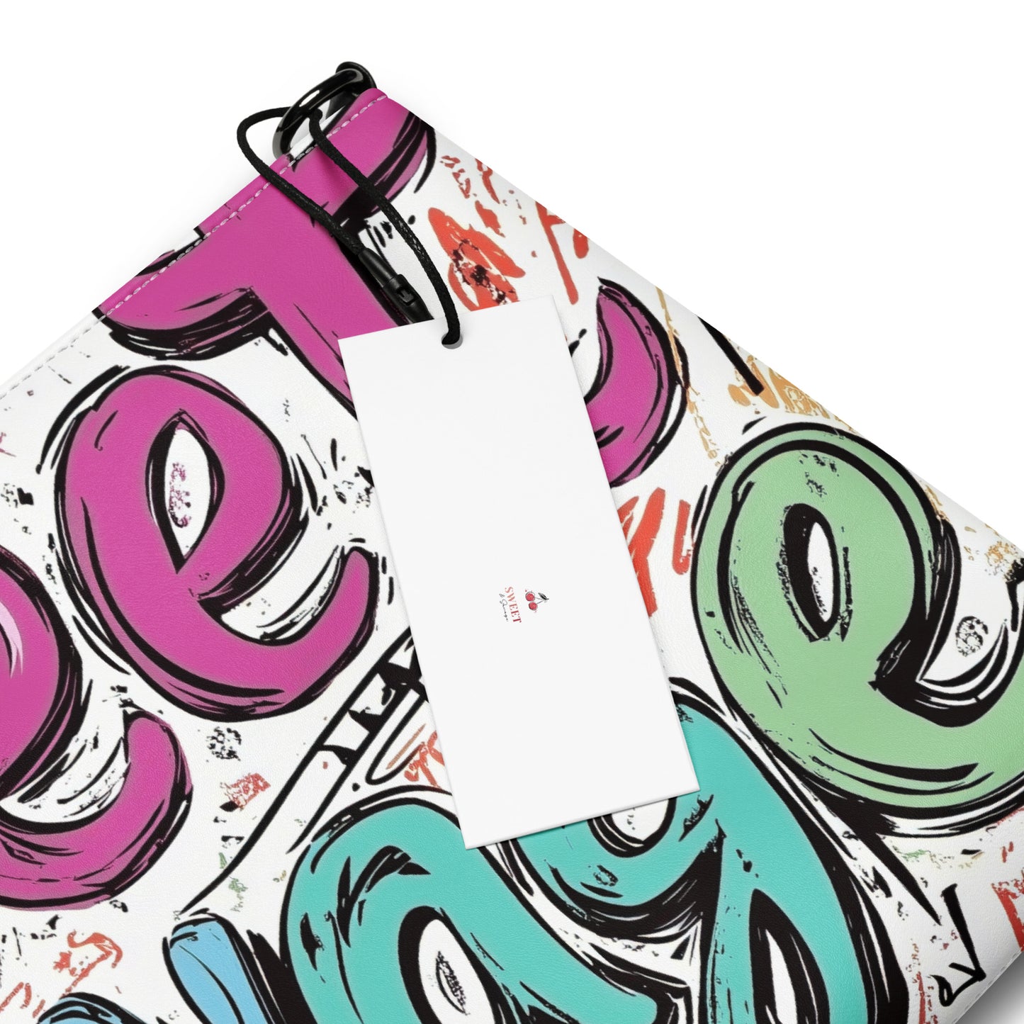 Colorful abstract designs on a white background and a Sweet & Savage logo. 