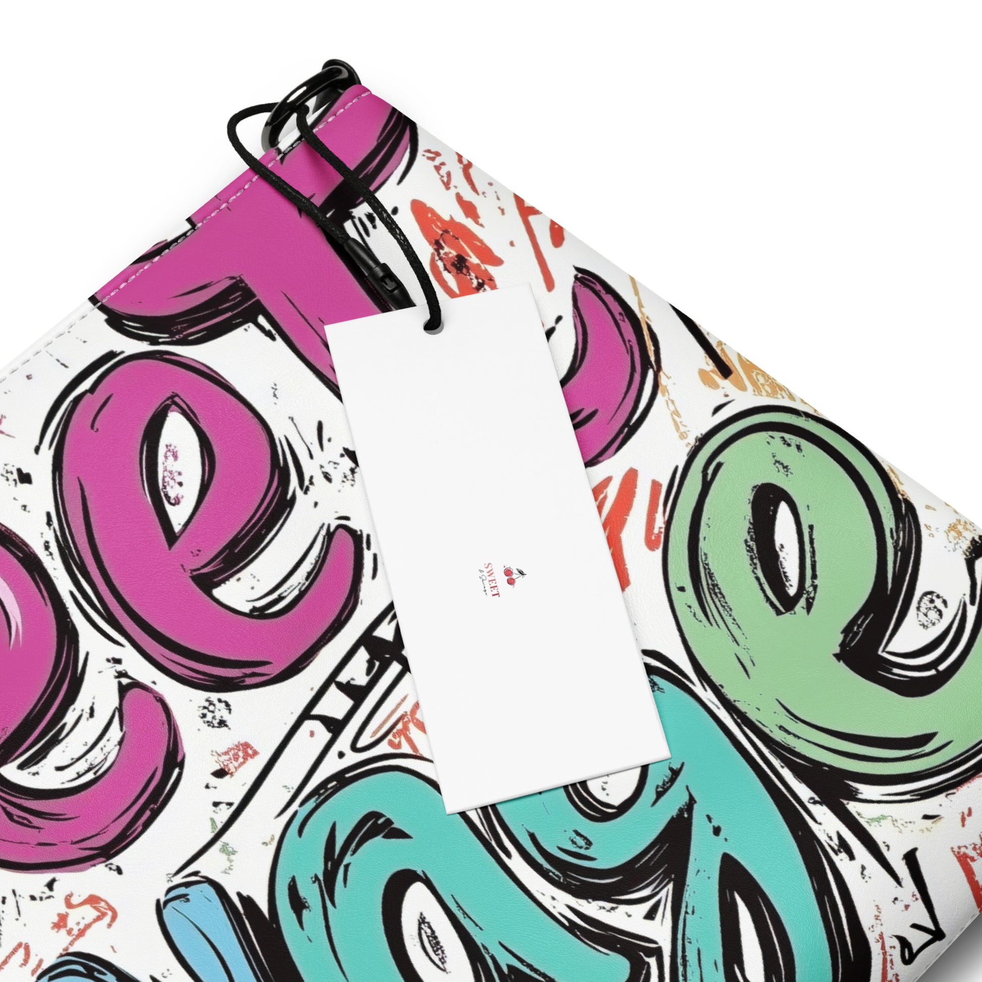 Colorful abstract designs on a white background and a Sweet & Savage logo. 