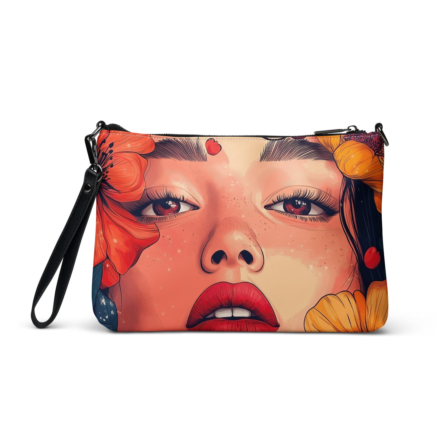 Crossbody bag with a colorful design of a woman's face on a white background. 