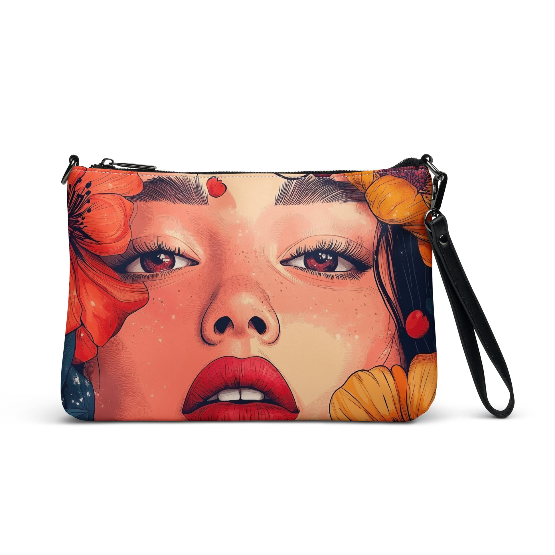 Crossbody bag with a colorful design of a woman's face on a white background. 