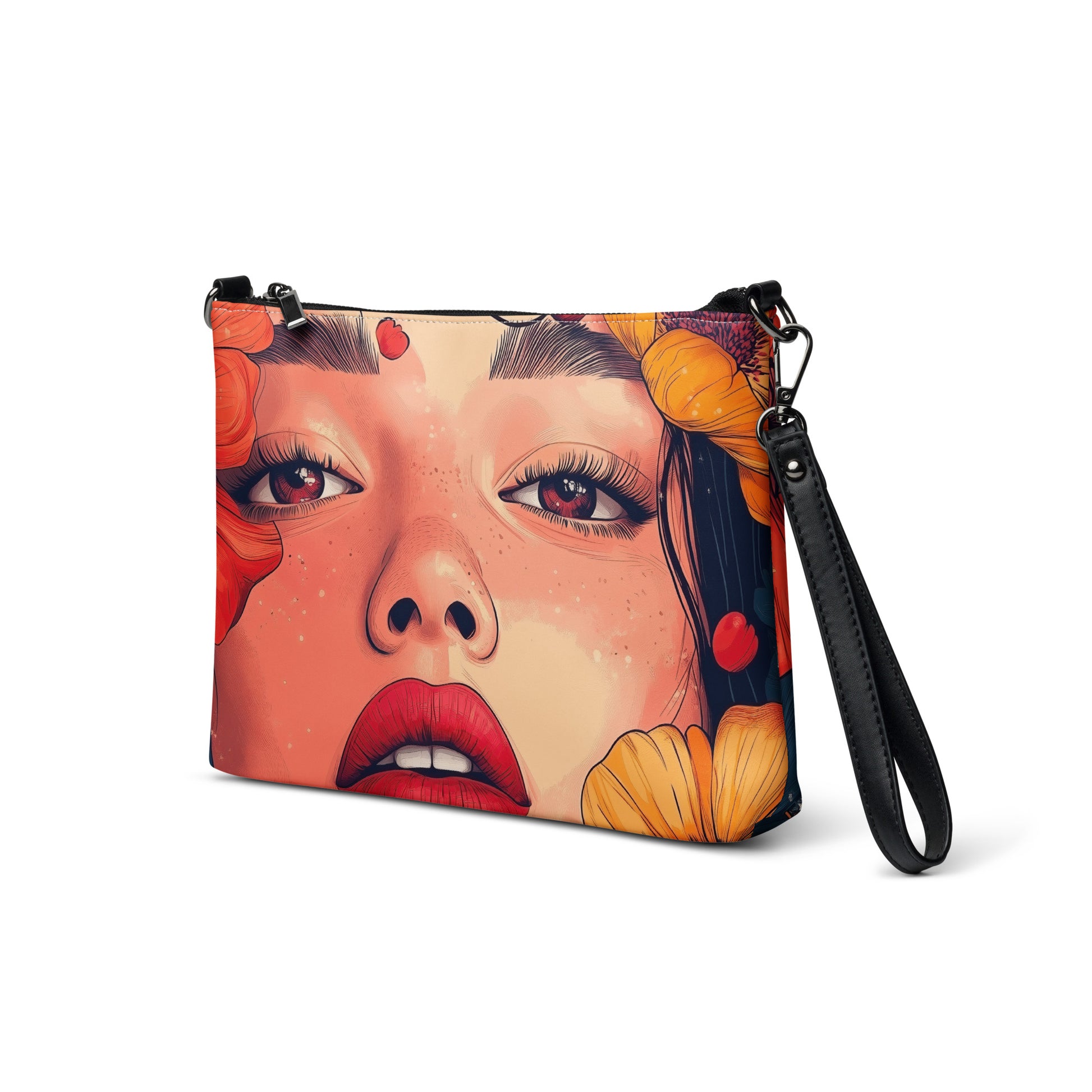 Crossbody bag with a colorful design of a woman's face on a white background.