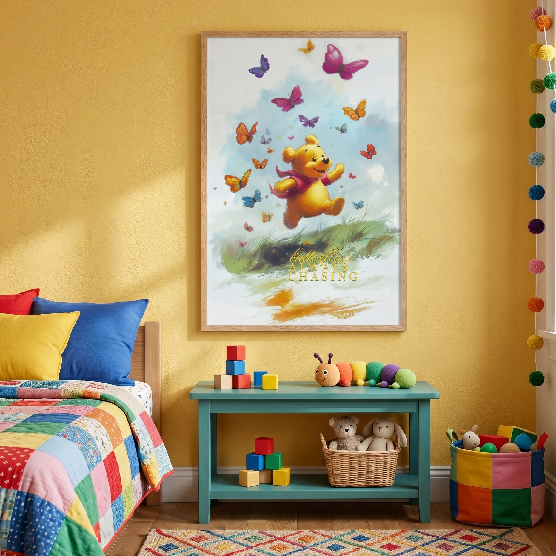 Indrammet kunstplakat med et charmerende motiv af Peter Plys, der løber glad gennem græsset omgivet af en sværm af farverige sommerfugle. Plakaten har en ramme i lyst egetræ og teksten "Always Chasing Butterflies". Den hænger på en varm gul væg i et farverigt og indbydende børneværelse med en teal-blå bænk, legetøj, en munter patchwork-dyne og en regnbue-farvet pom-pom guirlande ved vinduet.