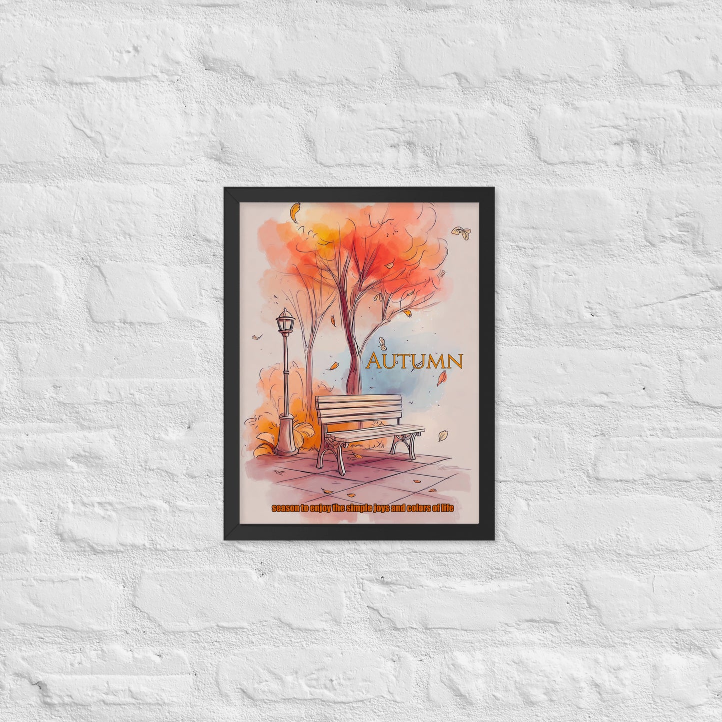 Autumn-themed poster with a tree, bench, and falling leaves on a white brick wall background.