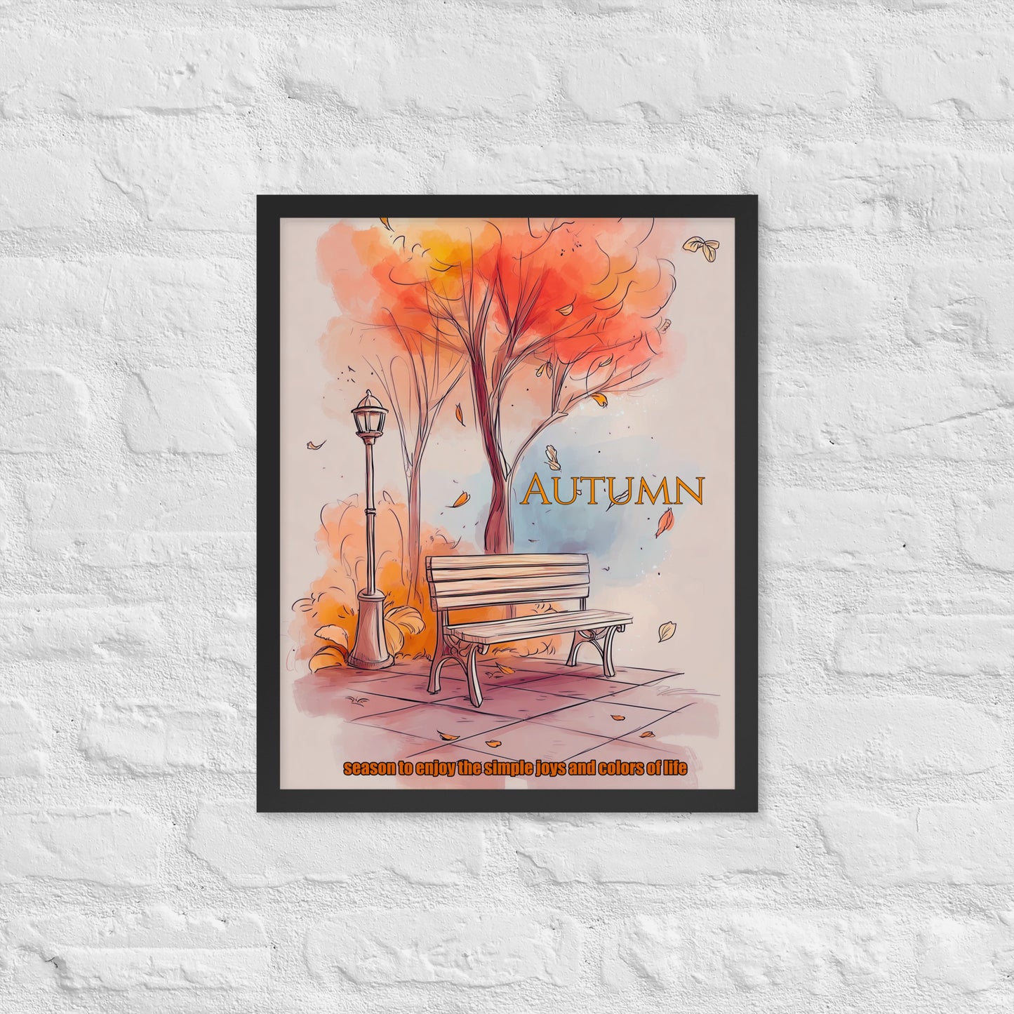 Autumn-themed poster with a tree, bench, and falling leaves on a white brick wall background.