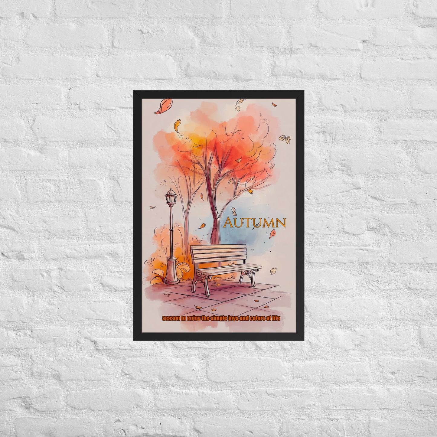 Autumn-themed poster with a tree, bench, and falling leaves on a white brick wall background.