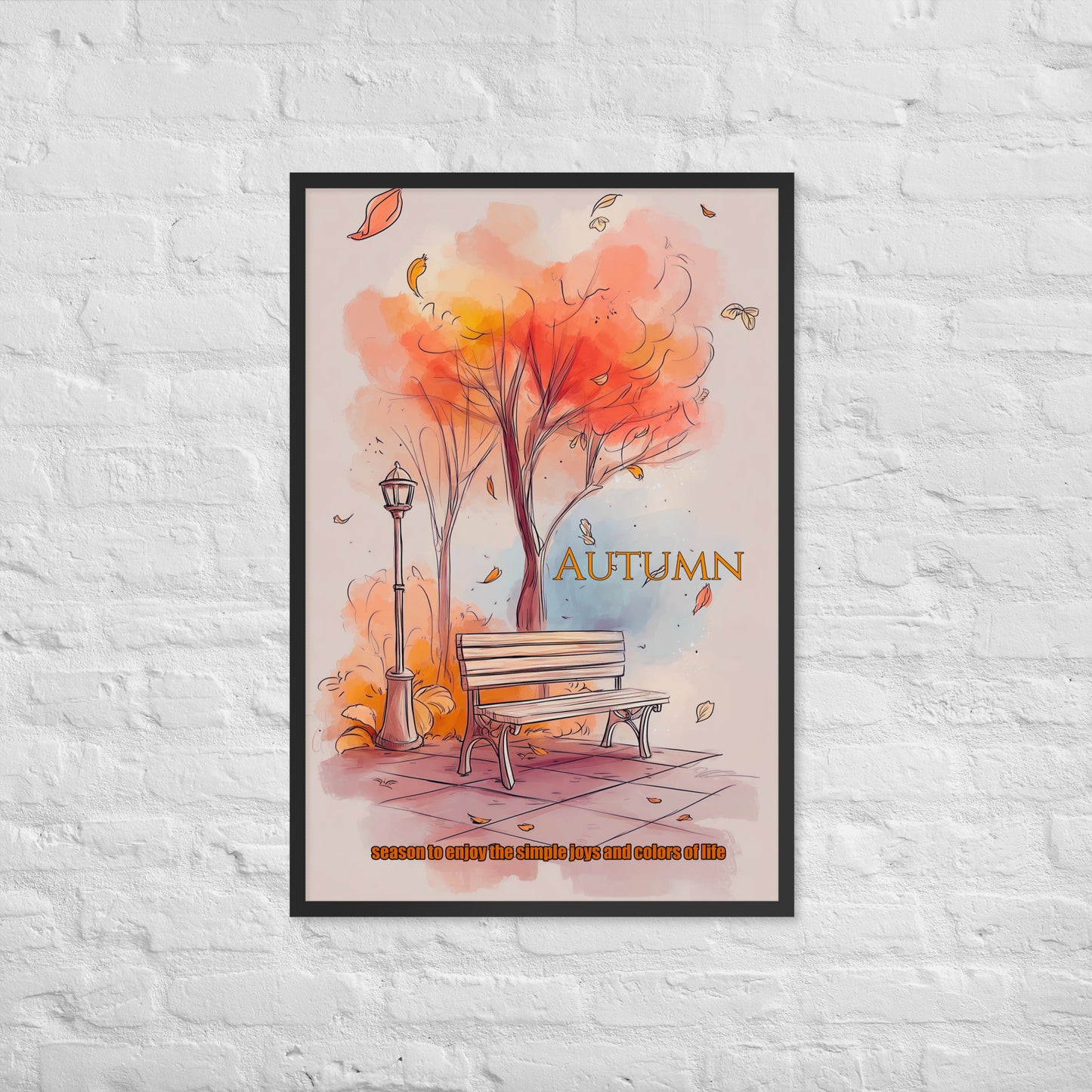 Autumn-themed poster with a tree, bench, and falling leaves on a white brick wall background.