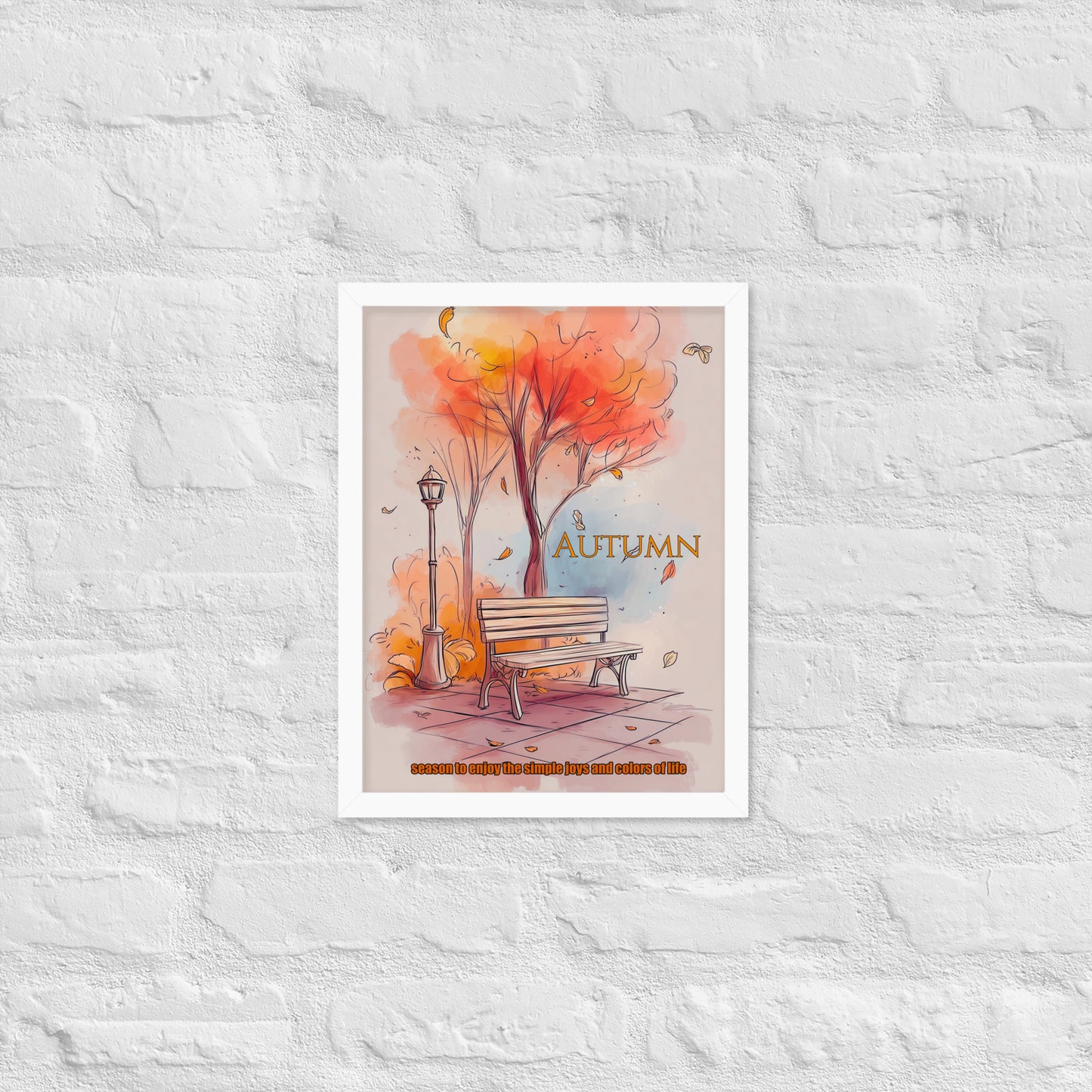 Autumn-themed poster with a tree, bench, and falling leaves on a white brick wall background.