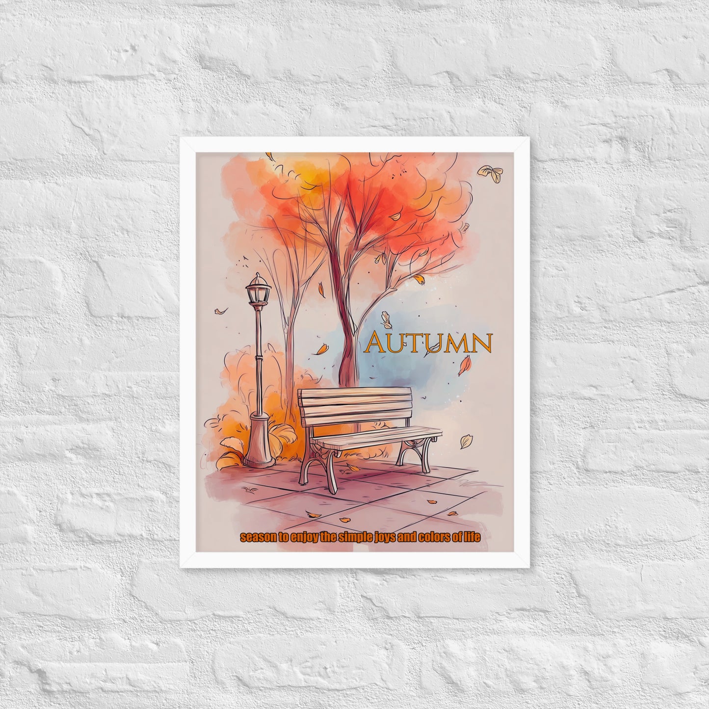 Autumn-themed poster with a tree, bench, and falling leaves on a white brick wall background.