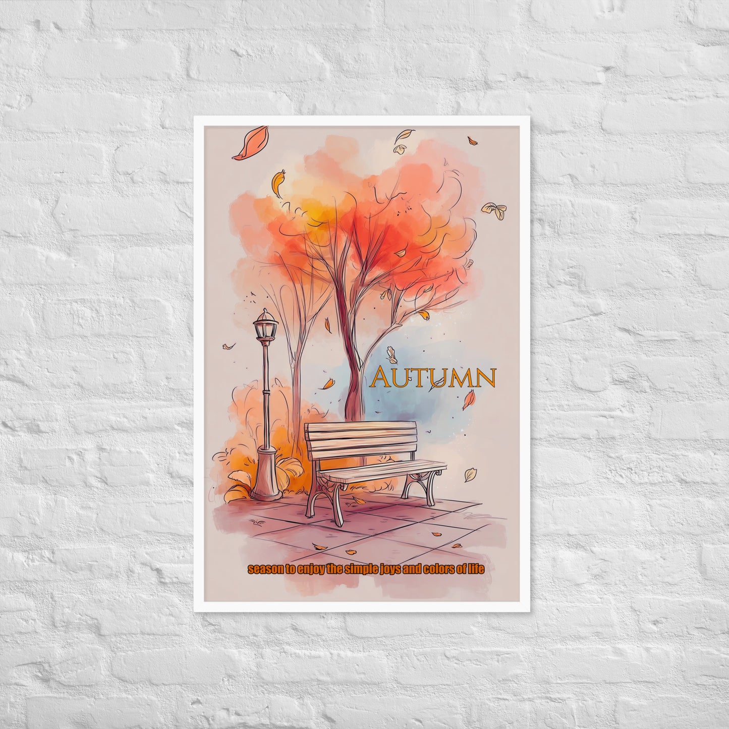 Autumn-themed poster with a tree, bench, and falling leaves on a white brick wall background.