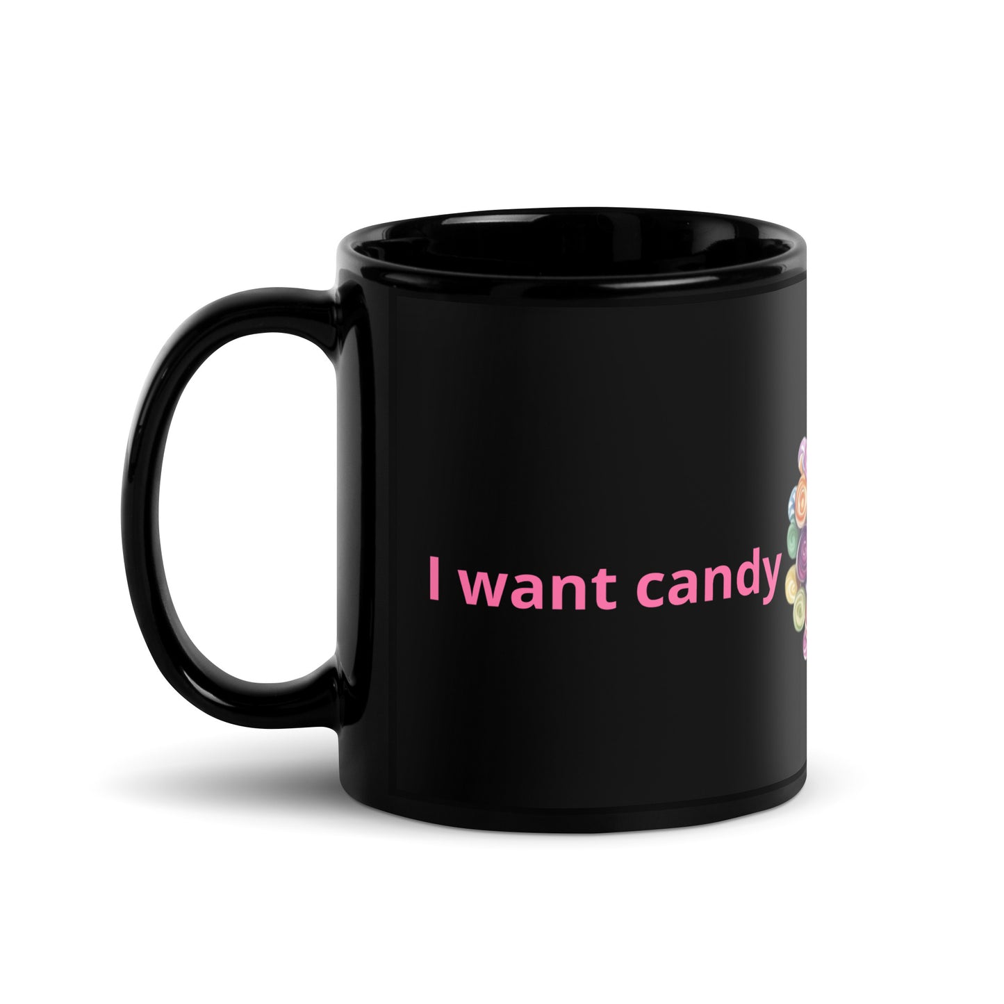 Black glossy ceramic mug with a colorful circular candy illustration and pink typography art.