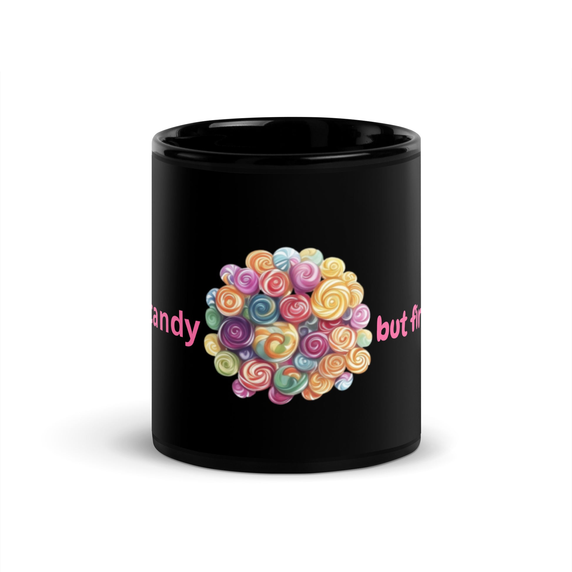 Black glossy ceramic mug with a colorful circular candy illustration and pink typography art.