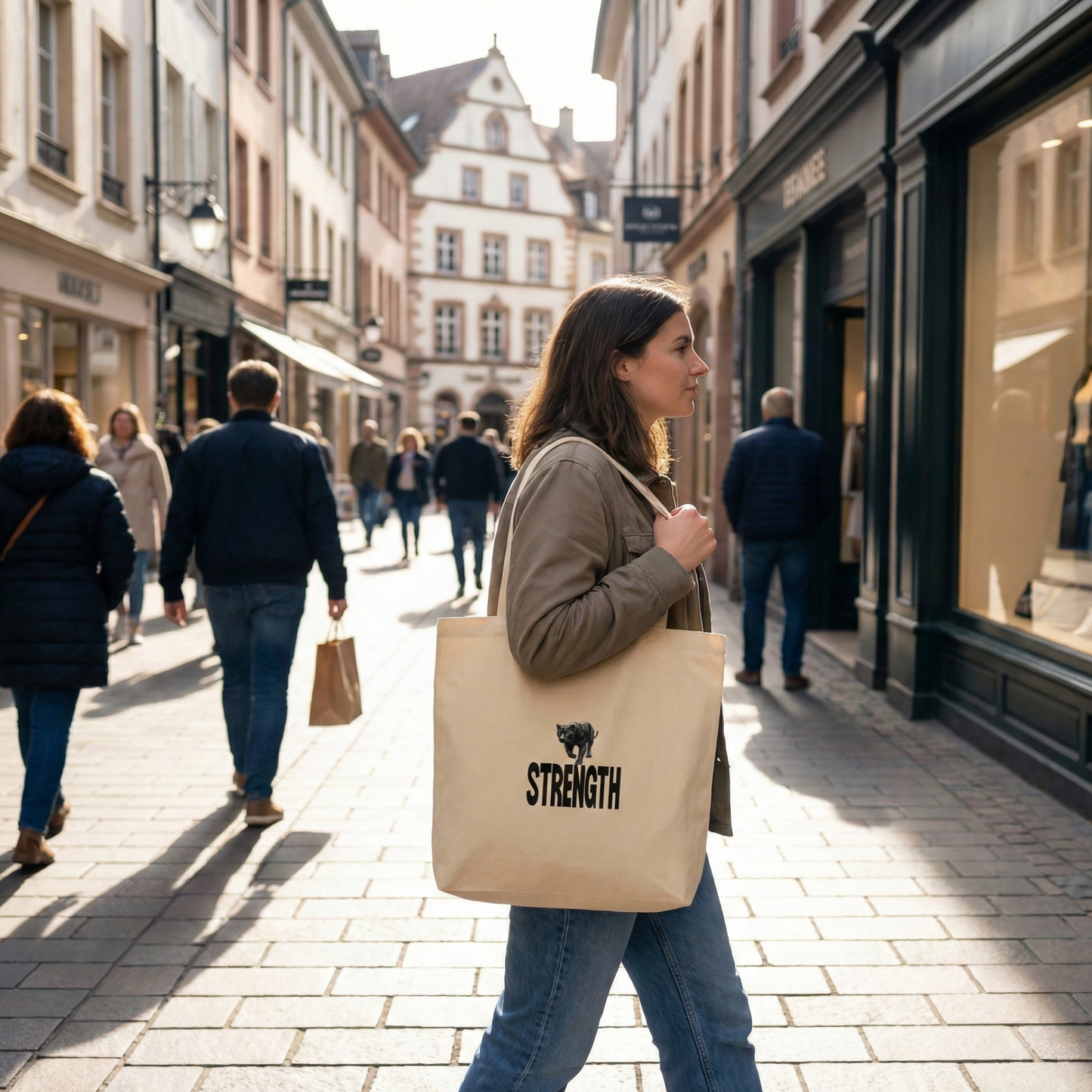A close-up lifestyle mockup of a woman walking through the city while carrying a tote bag. The tote bag is cream-colored with a black panther design and the word STRENGTH written under the black panther. The street is full of people and the street resembles that of shopping streets in Copenhagen. 
