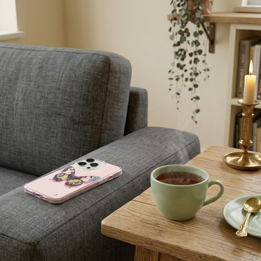A lifestyle mockup of an iPhone with a pale pink butterfly case resting on the arm of a gray textured sofa. In the foreground, a steaming cup of tea in a mint green mug sits on a light wood coffee table next to a gold spoon and a lit candle.