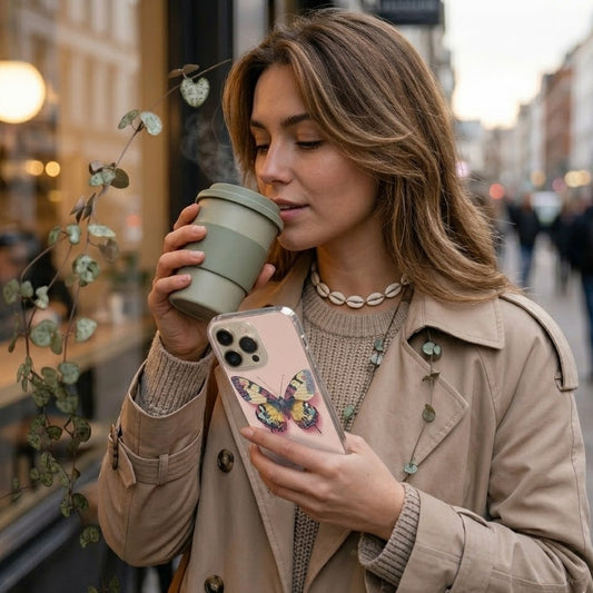 A stylish young woman in a beige trench coat walking through a city, holding a smartphone with a pink butterfly case. She is drinking from a sage green reusable coffee cup, with the vibrant butterfly design clearly visible on the back of the phone.