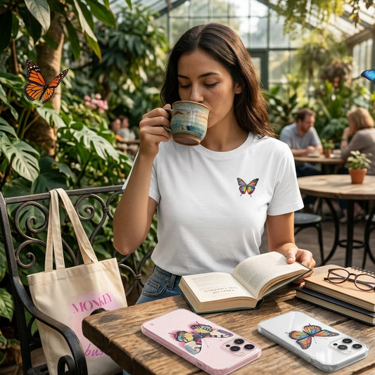 A lifestyle mockup of a young woman wearing a white t-shirt with a colorful butterfly graphic, sitting at a wooden table in a lush botanical garden greenhouse. Two butterfly-themed iPhone cases, a stack of notebooks, and a "Monkey Business" tote bag are styled around her as she reads and drinks coffee.
