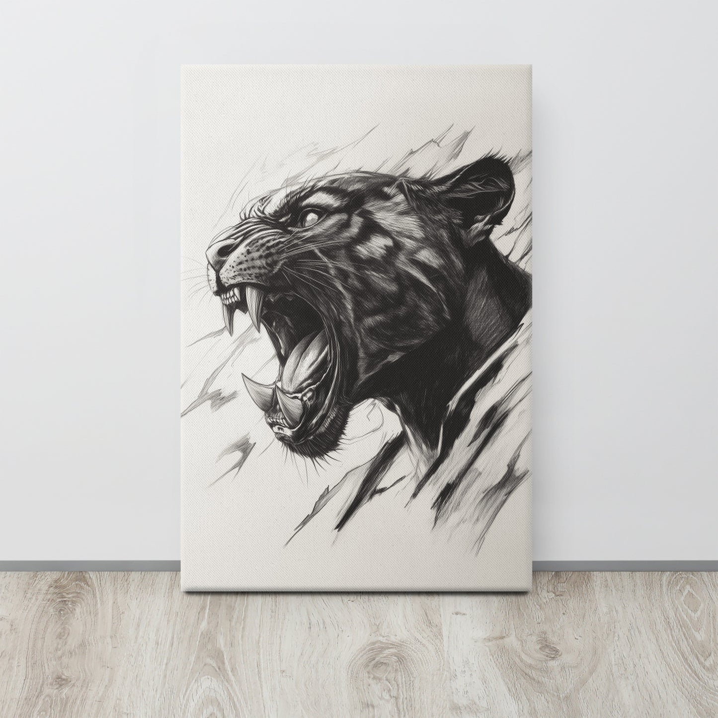 Canvas print of a black panther's head with an open mouth on a light background