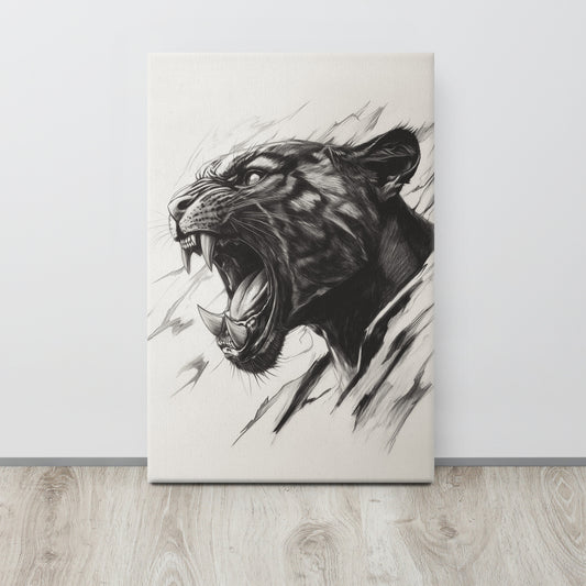 Canvas print of a black panther's head with an open mouth on a light background