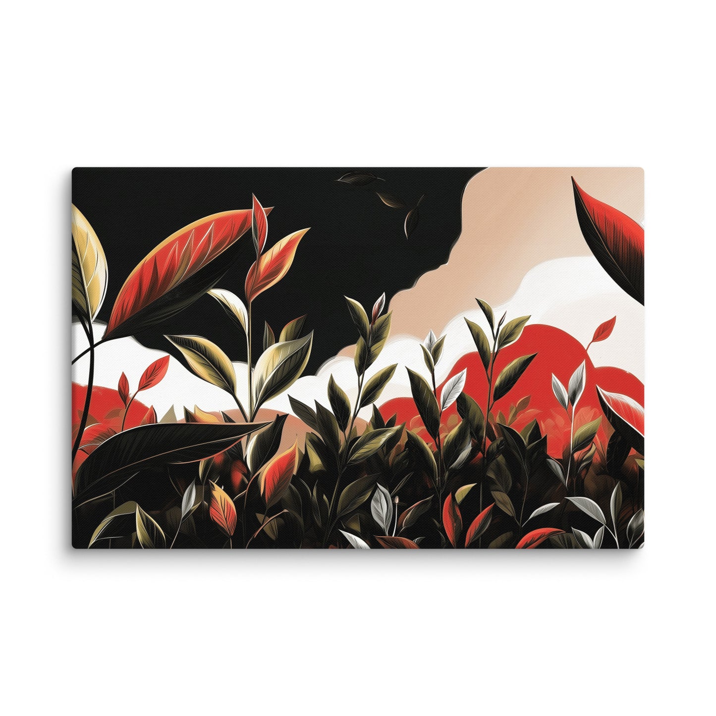 Framed canvas art featuring bold green leaves with red sunset highlights, inspired by nature walks.