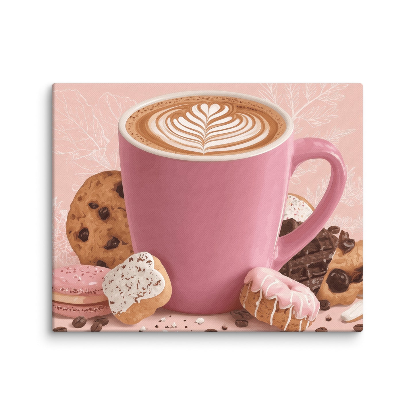 Pink mug with coffee and latte art, on a light pink background by Sweet and Savage. 